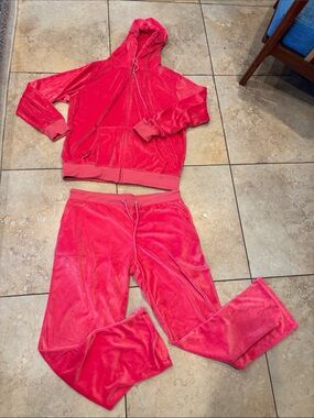 Tracksuit Hot Pink Velour zipper up Hoodie & Sweatpants Set size 2XL